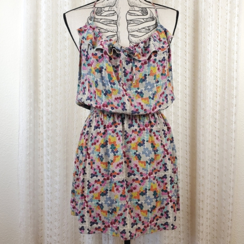 Parker Floral Gray 100% Silk Mini Dress Size Medium